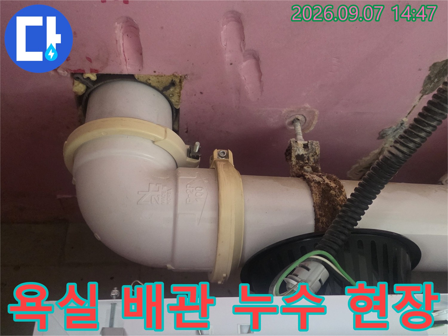 고양시 덕양구 아랫집 욕실 천장 배관 연결 부위 누수 상태 확인