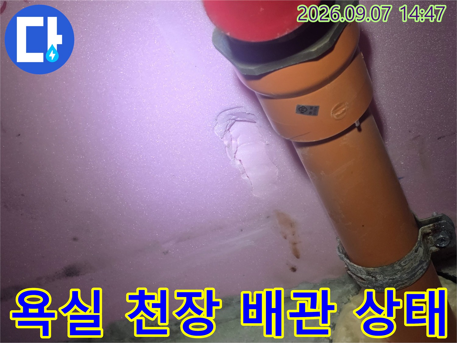고양시 덕양구 욕실 천장 내부의 오렌지색 배관과 벽면 얼룩 확인