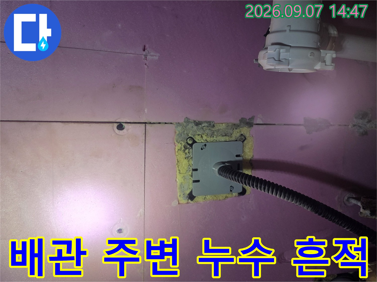 욕실 천장 내부-배관 주위의 습기 및 물샘 현상