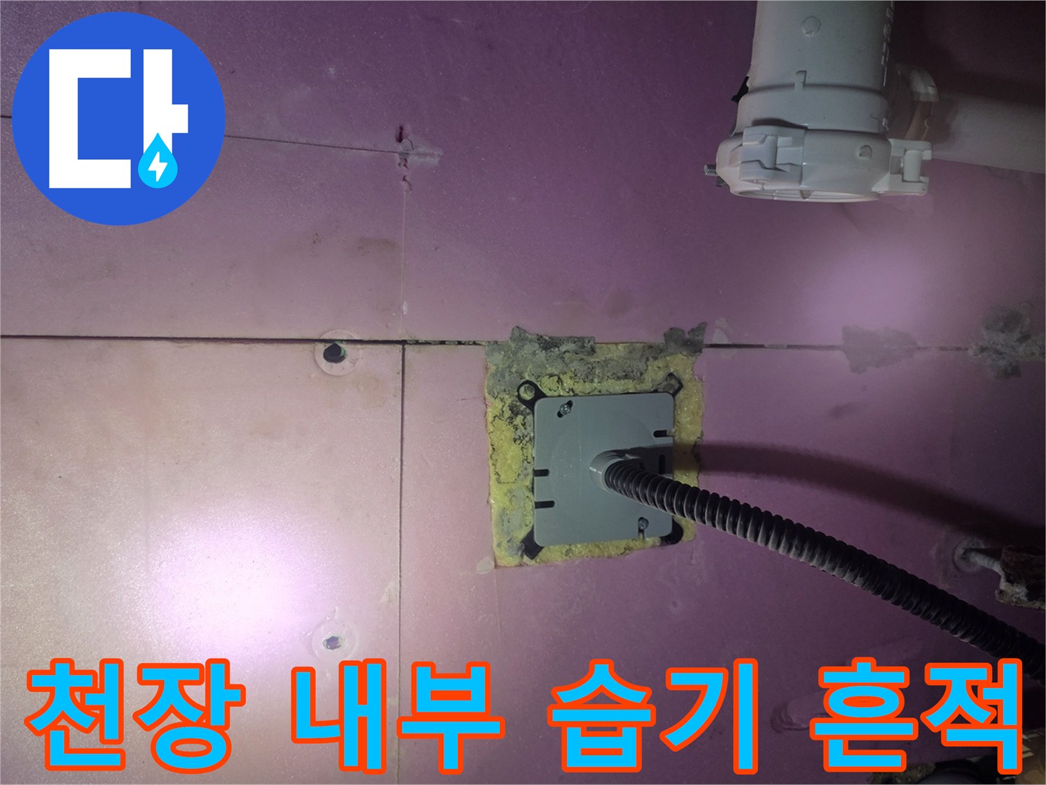 욕실 천장 점검구 안쪽의 전선관과 배관 주변 상황