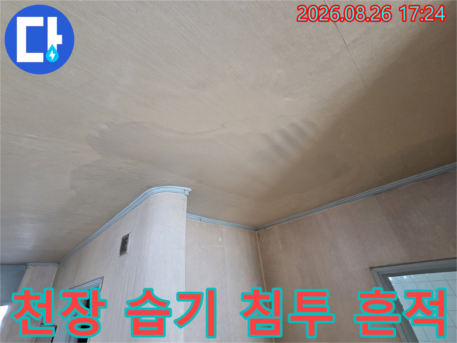 물기가 스며든-천장 마감재의-얼룩진 표면