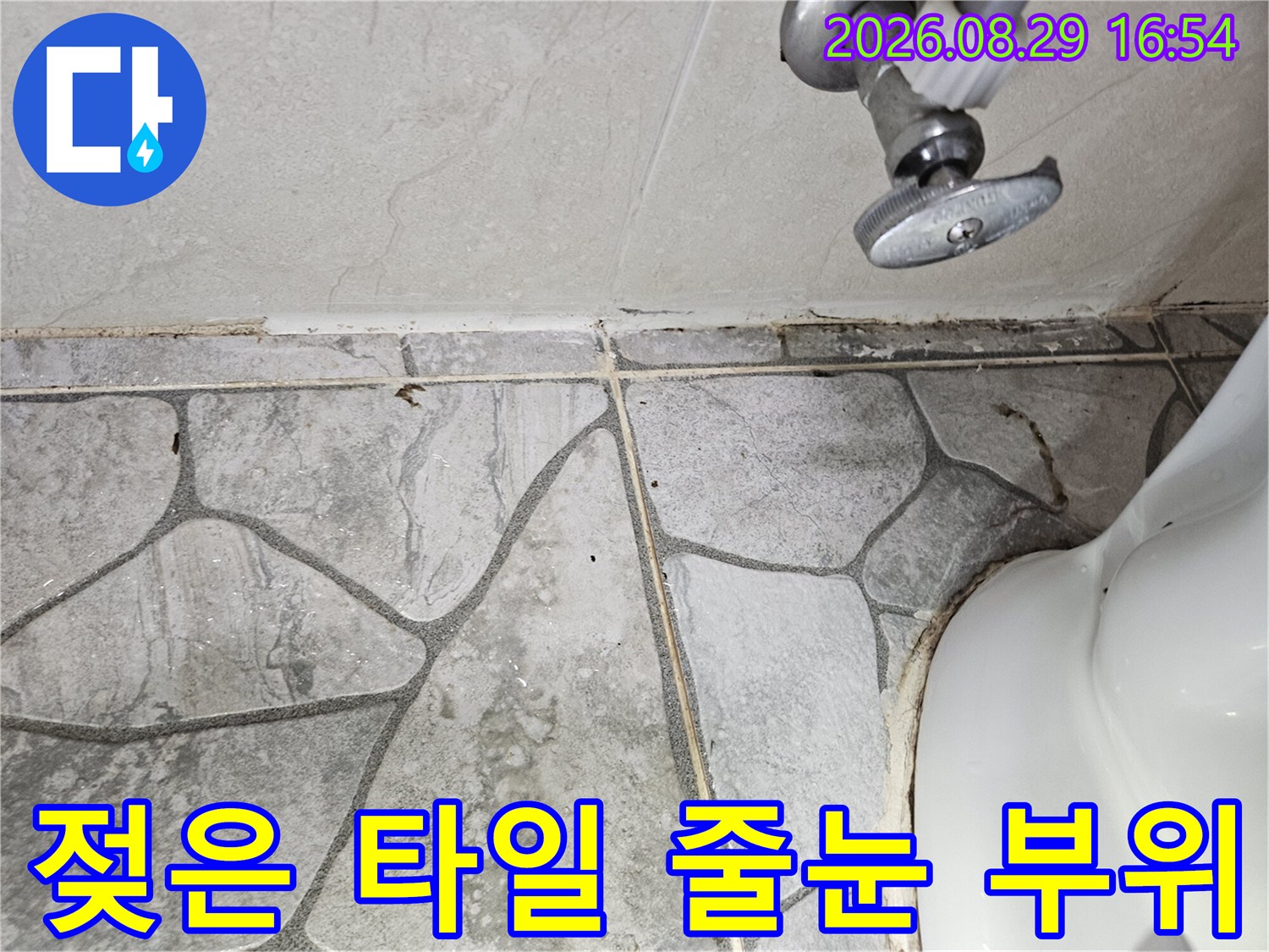 상계동 현장 - 물기가 스며든 화장실 벽면 타일 경계선