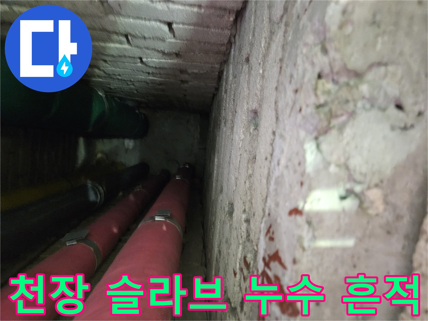 콘크리트 벽면과 배관 주변의 물기 머금은 상태를 촬영하였습니다.