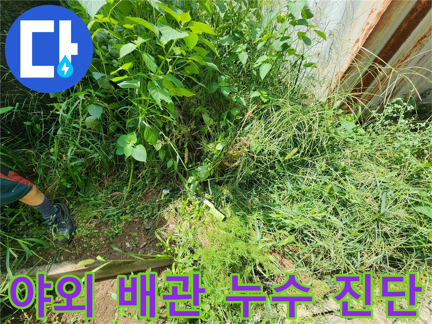 풀이 많은 외부 현장-정밀 장비를 이용한 상수도 라인 점검