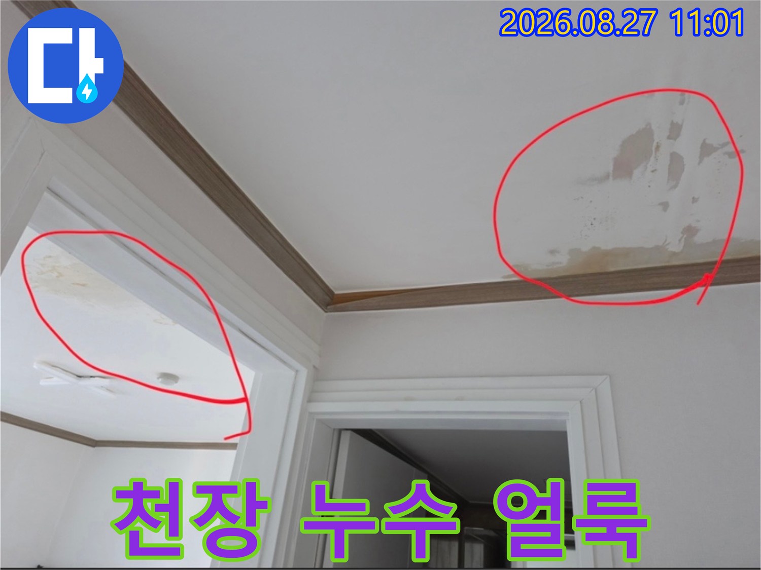 금산읍 아파트 천장 벽지에 발생한 누수 얼룩과 변색된 현장입니다.