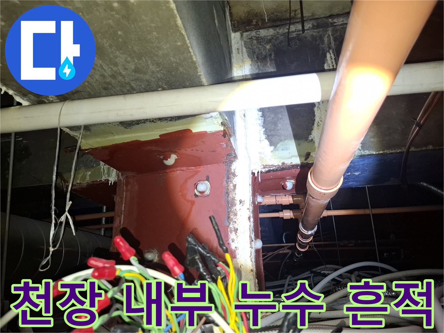 천장 배관과 기둥 주변의 습한 상태 확인