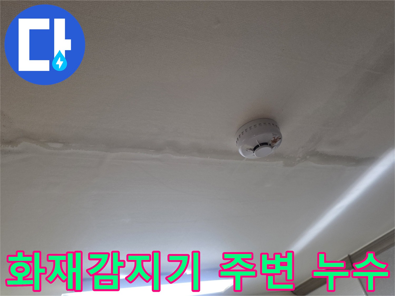 천장 감지기 근처에 발생한 젖은 얼룩과 습기 흔적
