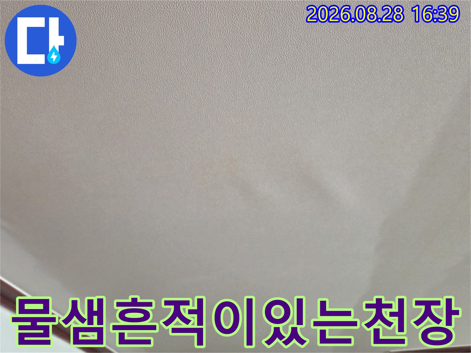 천장 벽지가 물기에 젖어 볼록하게 부풀어 오른 모습