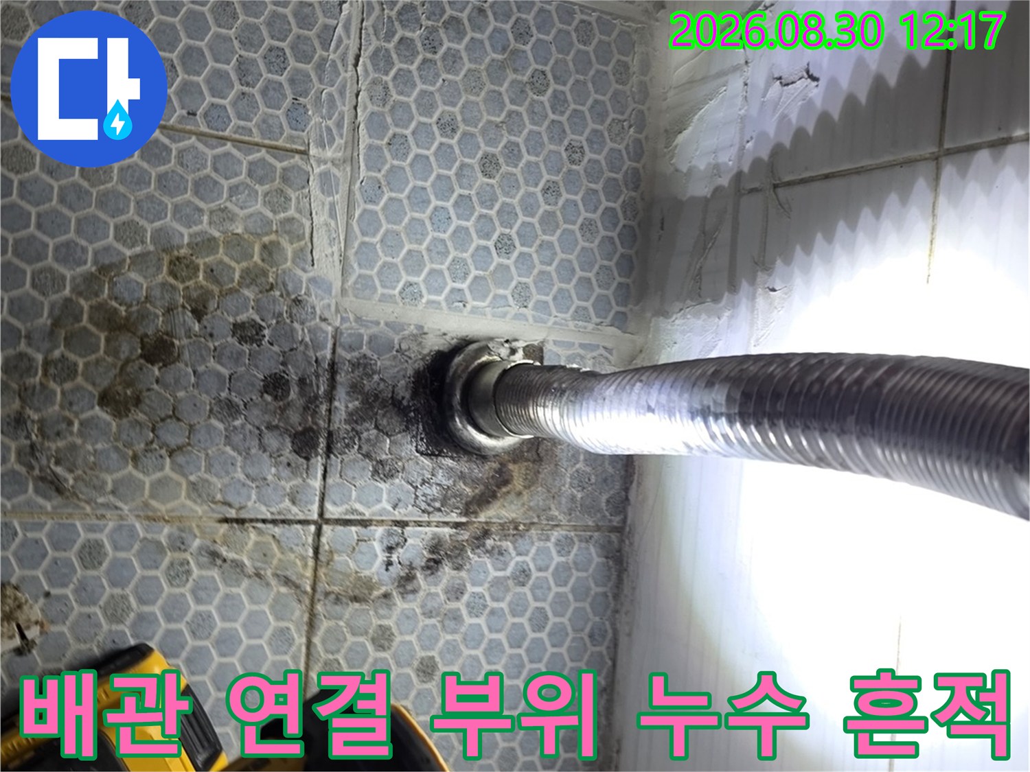 배관 주변 타일의 변색과 물기가 고여 있는 현장 상황