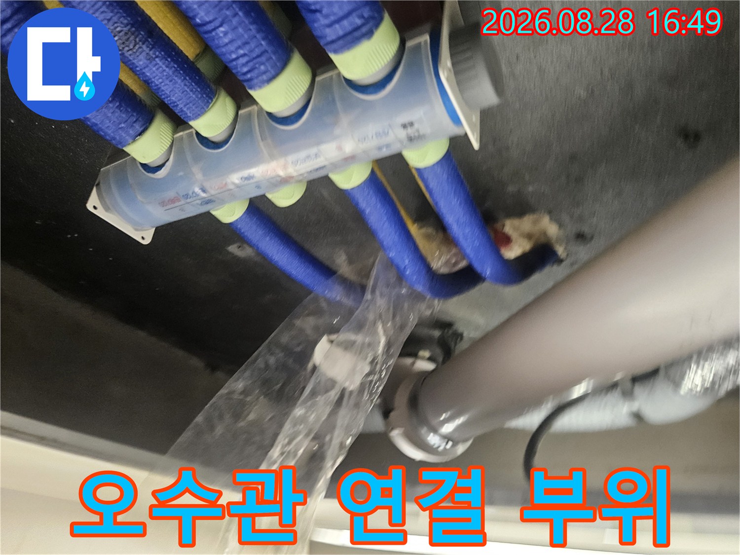 푸른색 보온재가 씌워진-천장 내부 오수관 상태