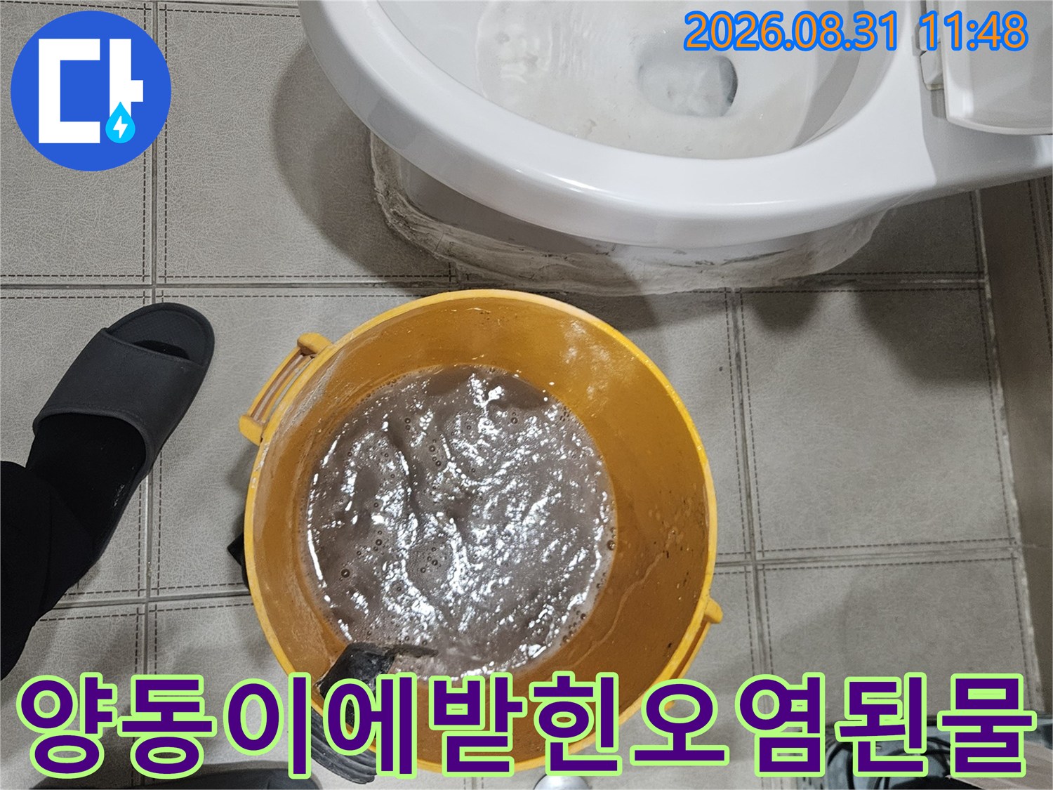 에어컨 배관 막힘으로 인해 양동이에 받아진 오염된 응축수 모습