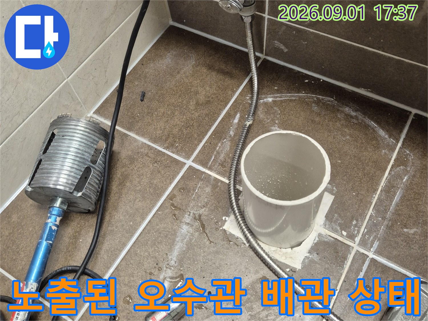 산척동 현장-변기 탈거 후 노출된 하얀색 오수관 입구