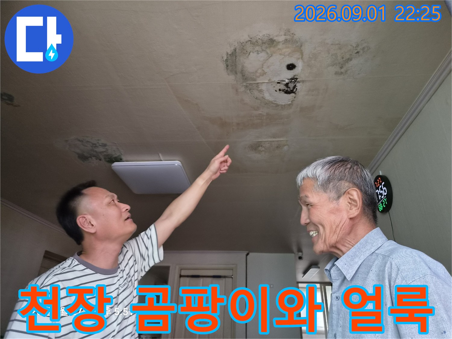 아랫집 거실 천장에 발생한 넓은 범위의 곰팡이와 습기 흔적