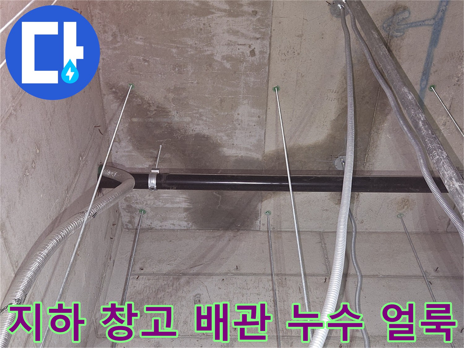 배관 주변의 젖은 콘크리트 슬래브와 노출 배관