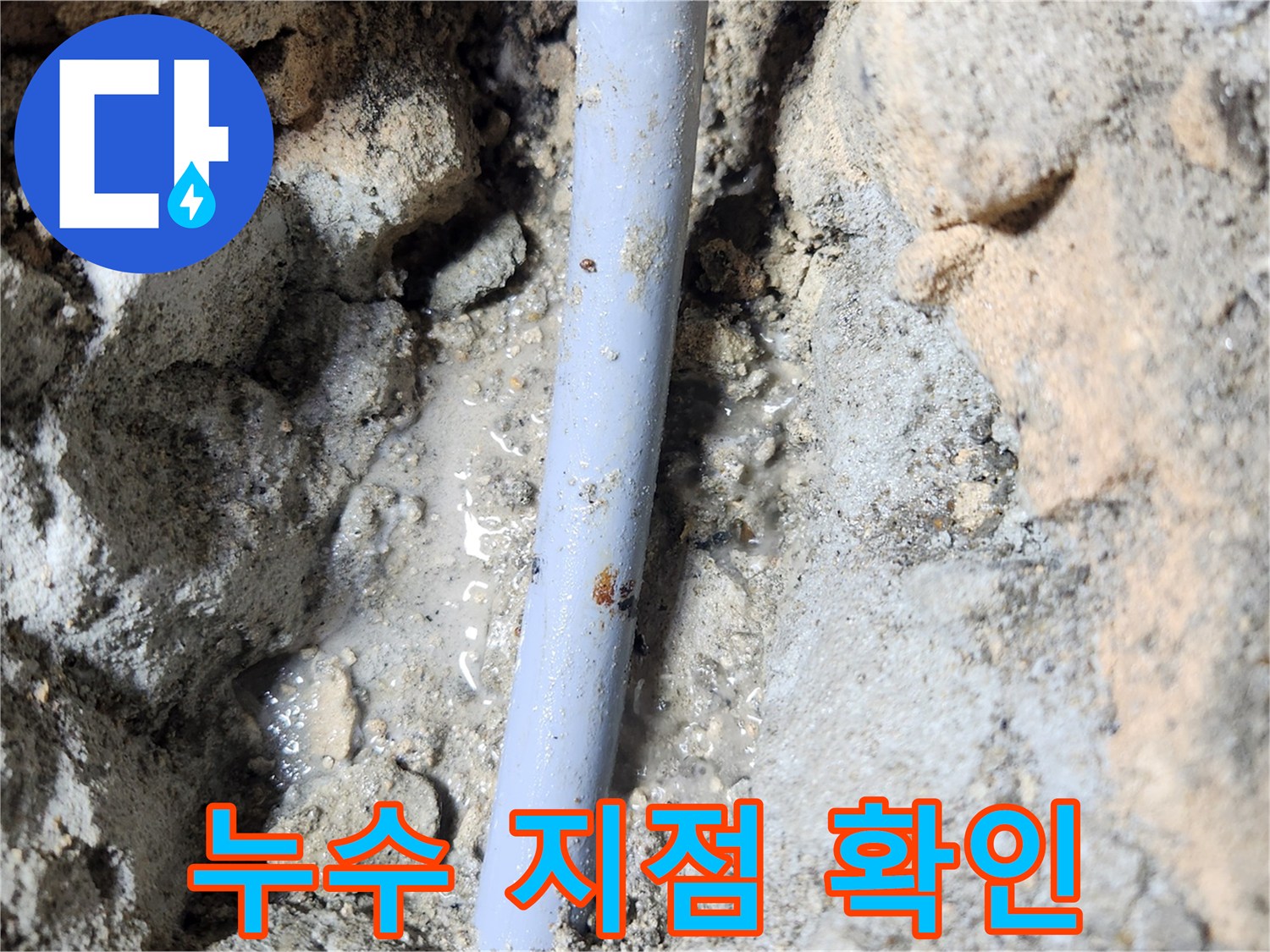 젖은 흙 사이에 노출된 파란색 수도 배관