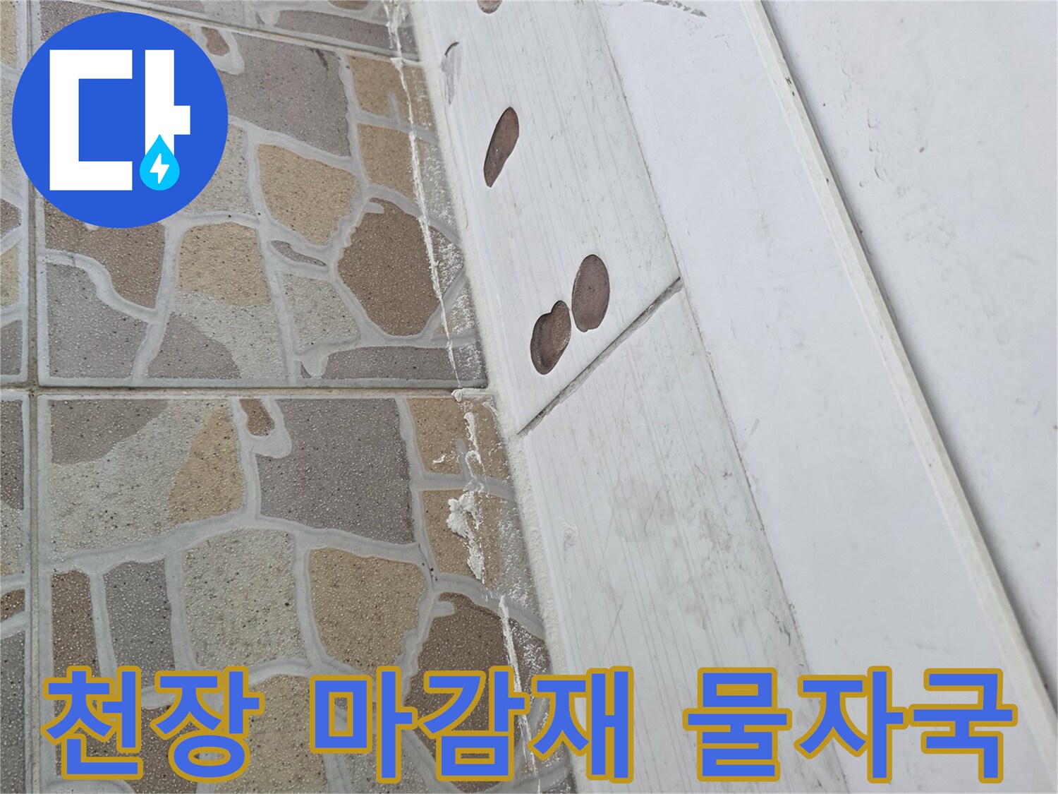 하얀색 천장 판넬-타일 접합부의 습기 흔적
