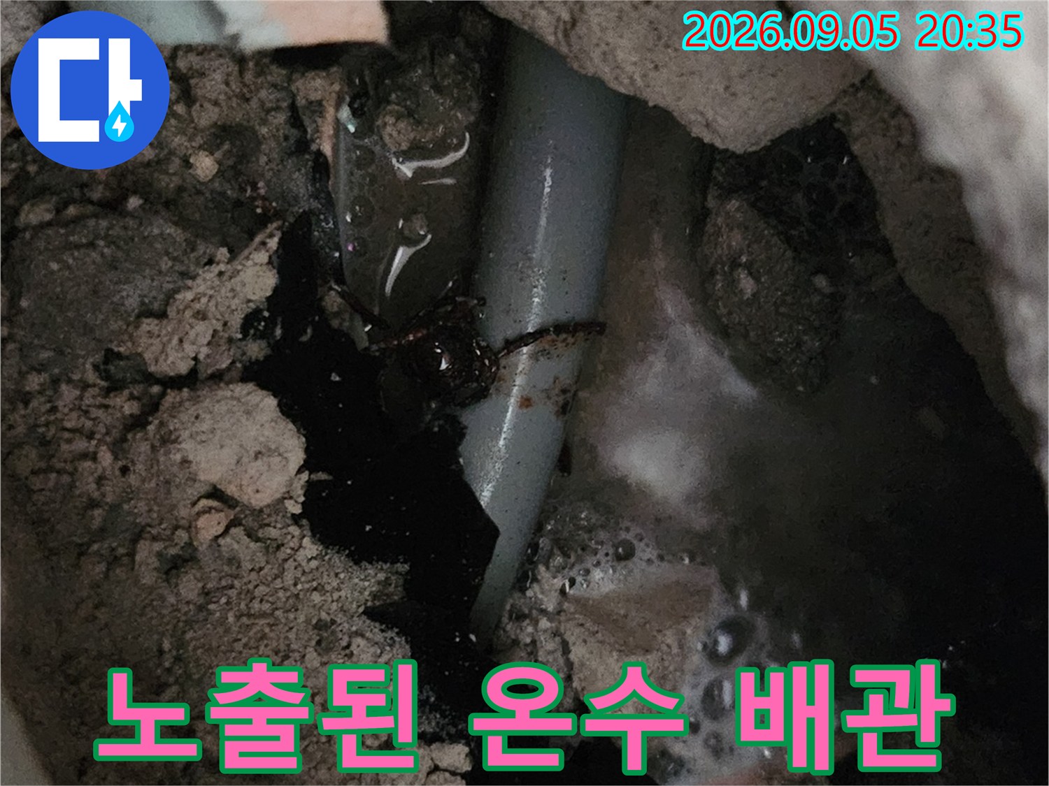 양지읍 현장에서-확인된 노출된 온수 배로의 누수 지점