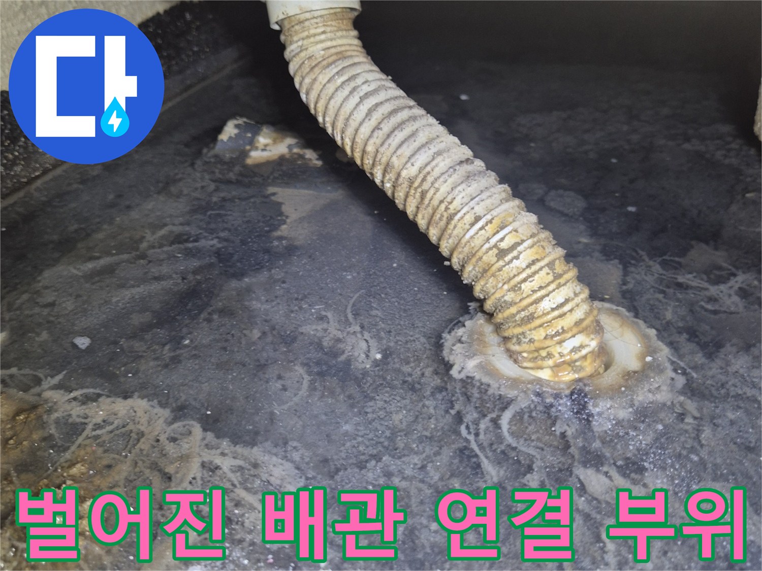 벽면에서 빠져나온 주름 형태의 배수 호스