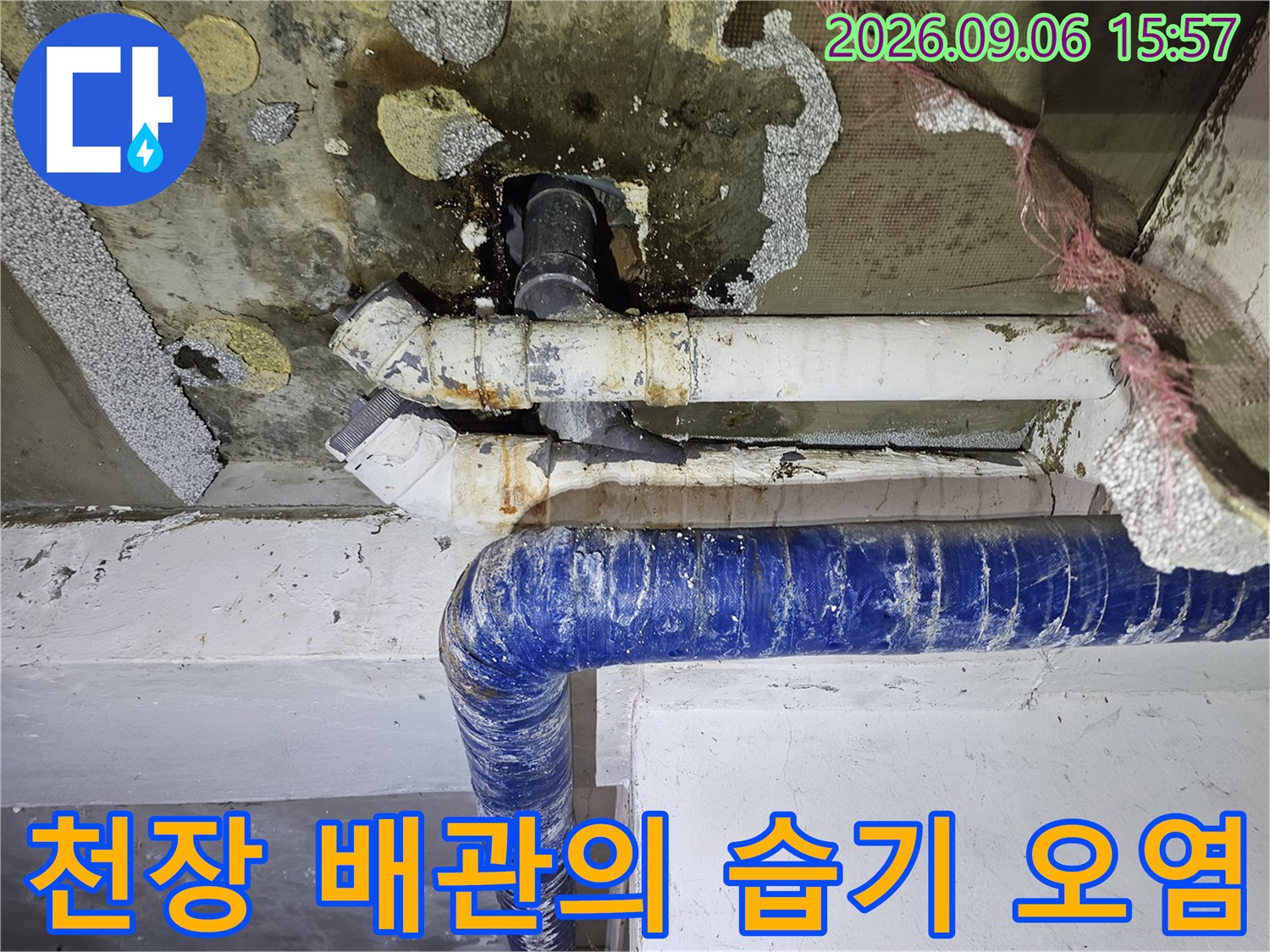 습기에 노출되어 변색된 흰색 배관과 주변 천장 벽면