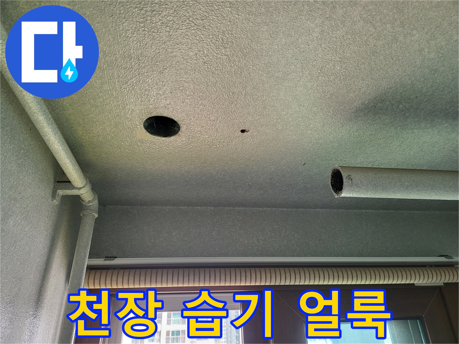 세탁실 천장 마감재에 발생한 습기 및 변색 부위