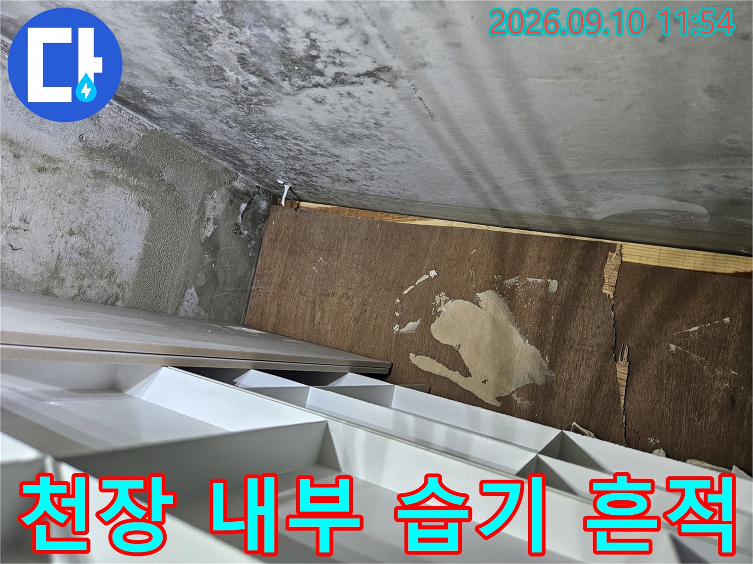 습기로 인해 얼룩진 천장 합판과 콘크리트 벽면-민락동 현장 점검 사진