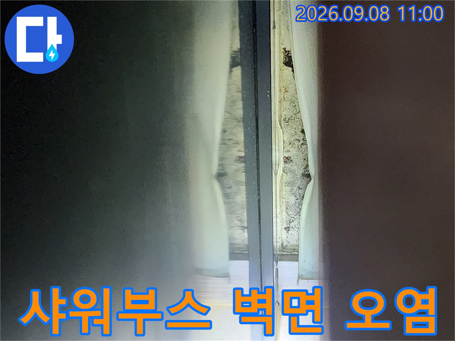 샤워부스 내부-습기로 인해 어둡게 변한 벽면과 오염된 상태입니다