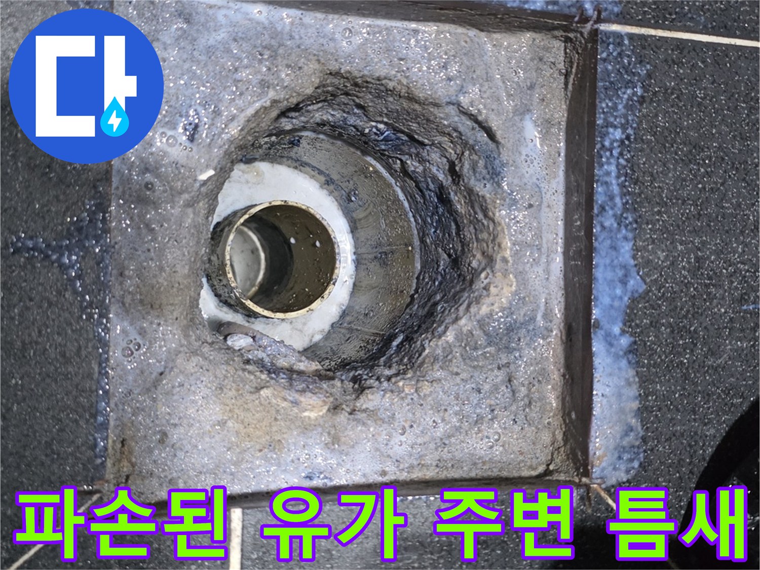욕실 바닥 하수구 - 배관 주위의 균열된 방수층과 오염된 부위