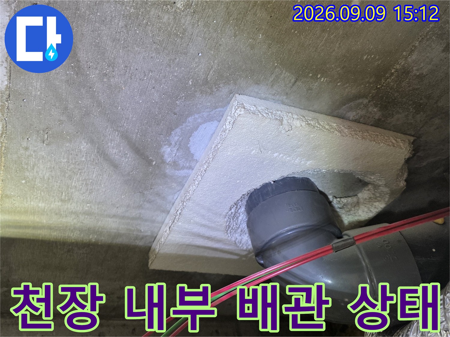 콘크리트 천장 사이로 노출된 하수 배관과 연결 부위 모습