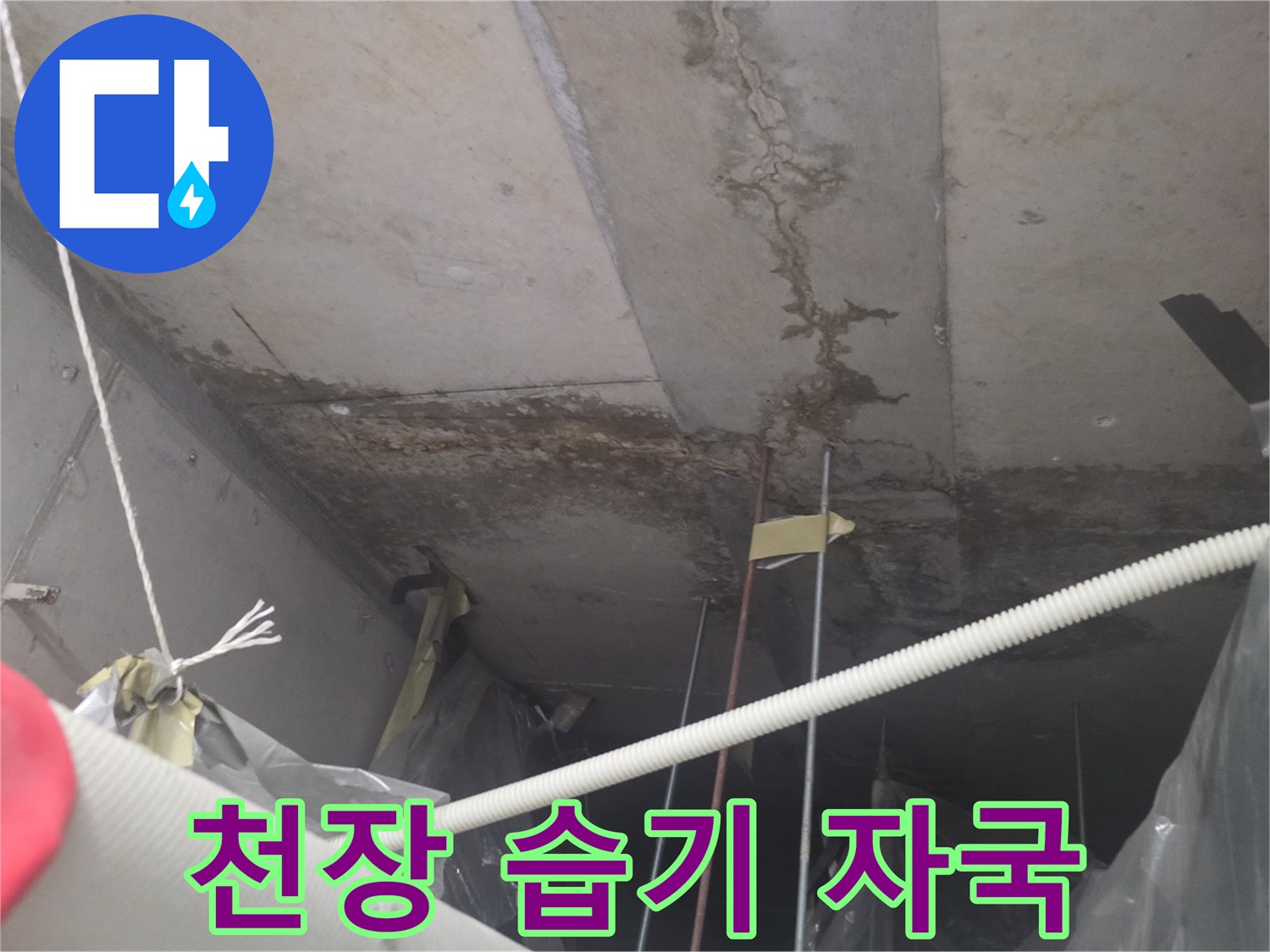 천장 콘크리트 벽면-물샘으로 인해 변색된 부위 상세