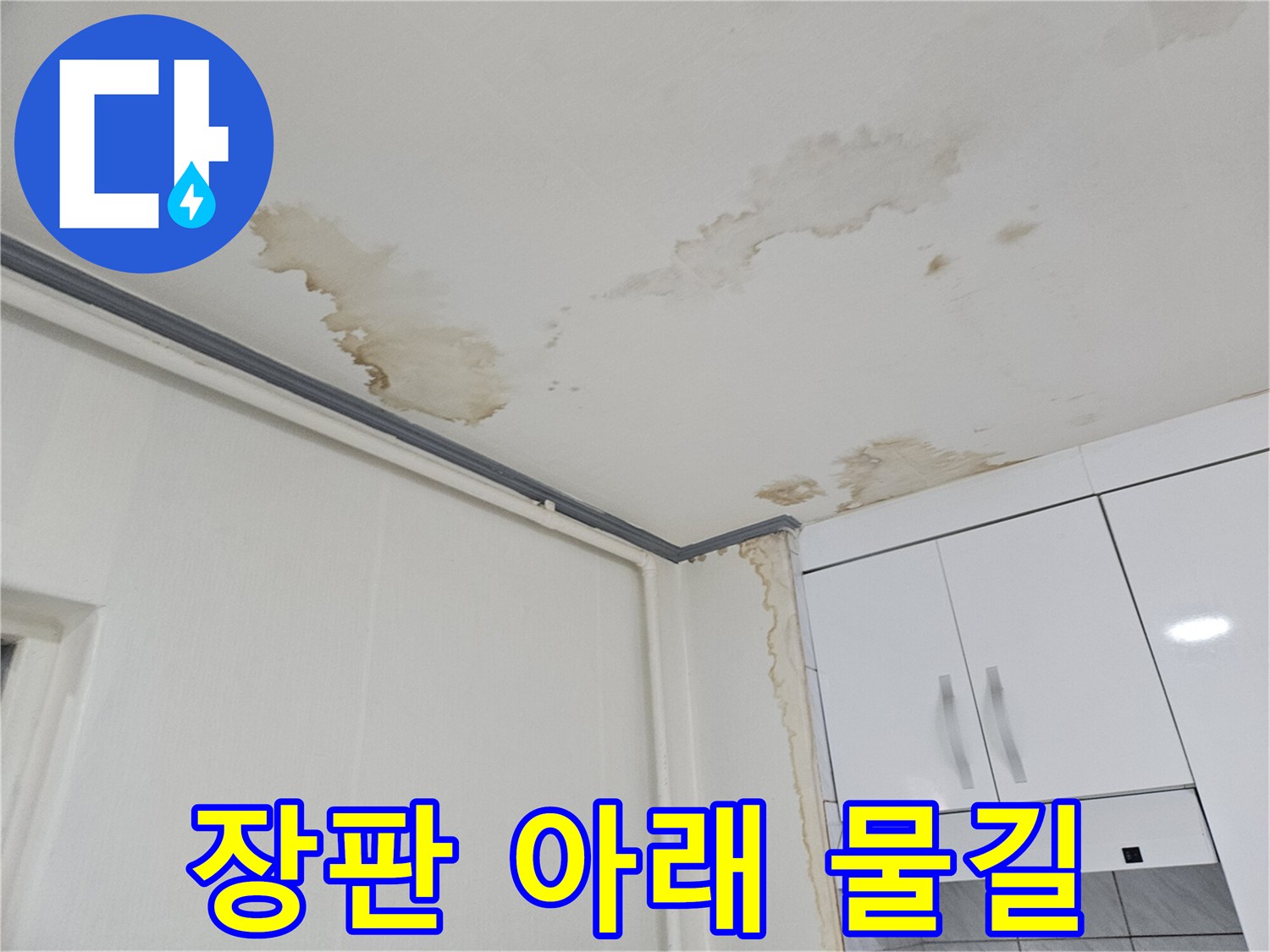장판을 제거한 후 드러난 바닥의 누수 유입 경로와 변색 부위