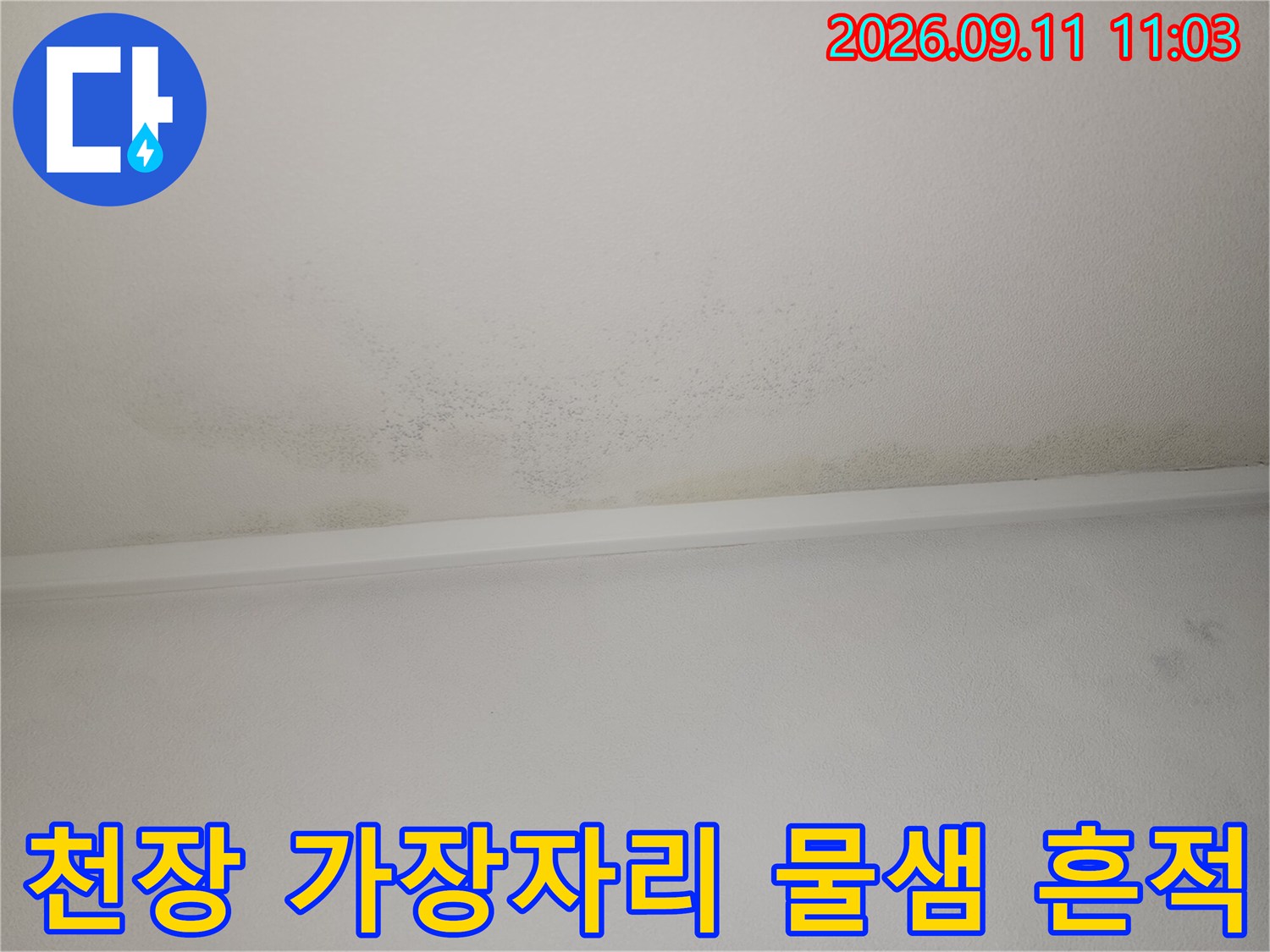 아파트 화장실 천장 테두리 부분에 나타난 누수 및 습기 오염 상태