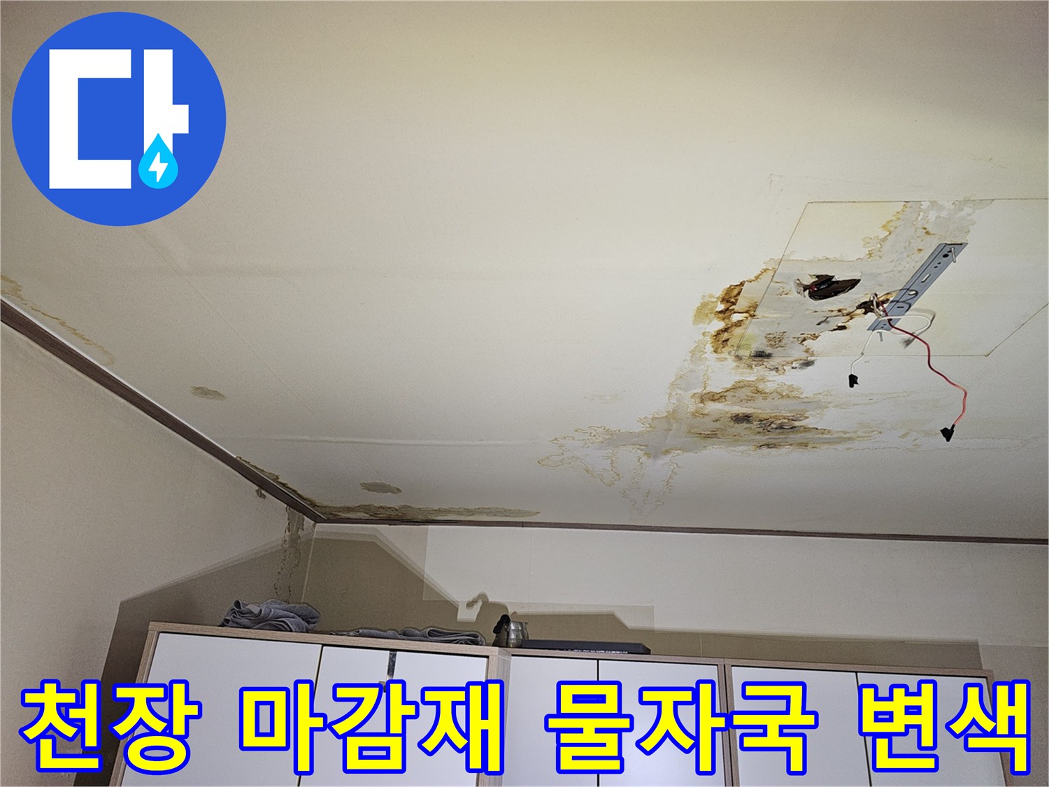 전등 근처-천장에 발생한 누수 흔적과 곰팡이 오염 상태