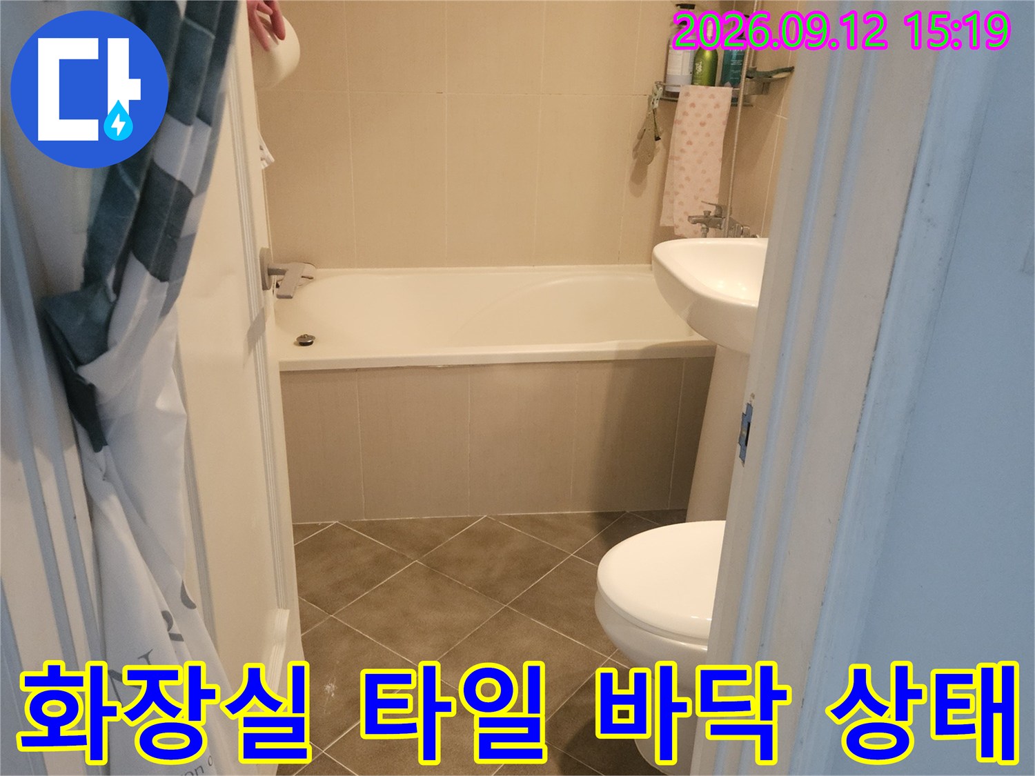 고양시 장항동-화장실 내부의 타일과 변기 주변 상태를 촬영한 사진입니다.