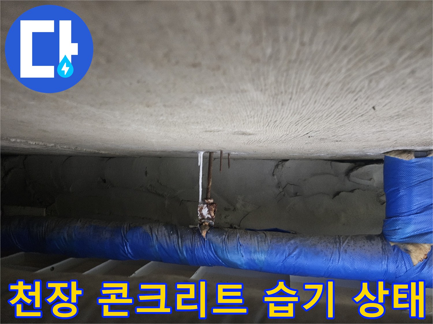 장항동 현장의-아랫집 천장 콘크리트 층에 나타난 누수 오염 부위입니다.