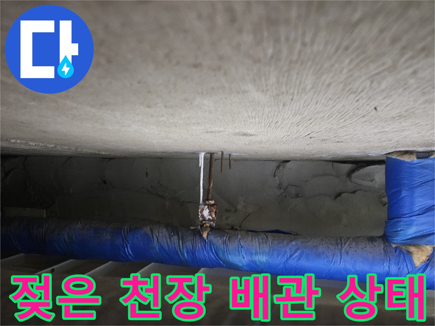 파란색 보온재가 씌워진 배관과 습기 머금은 천장면