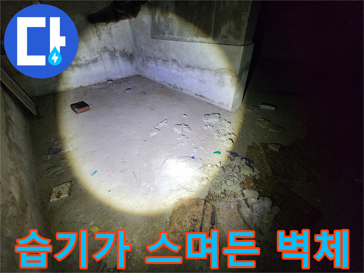 물샘 흔적으로 인해 얼룩지고 곰팡이가 생긴 지하실 벽면