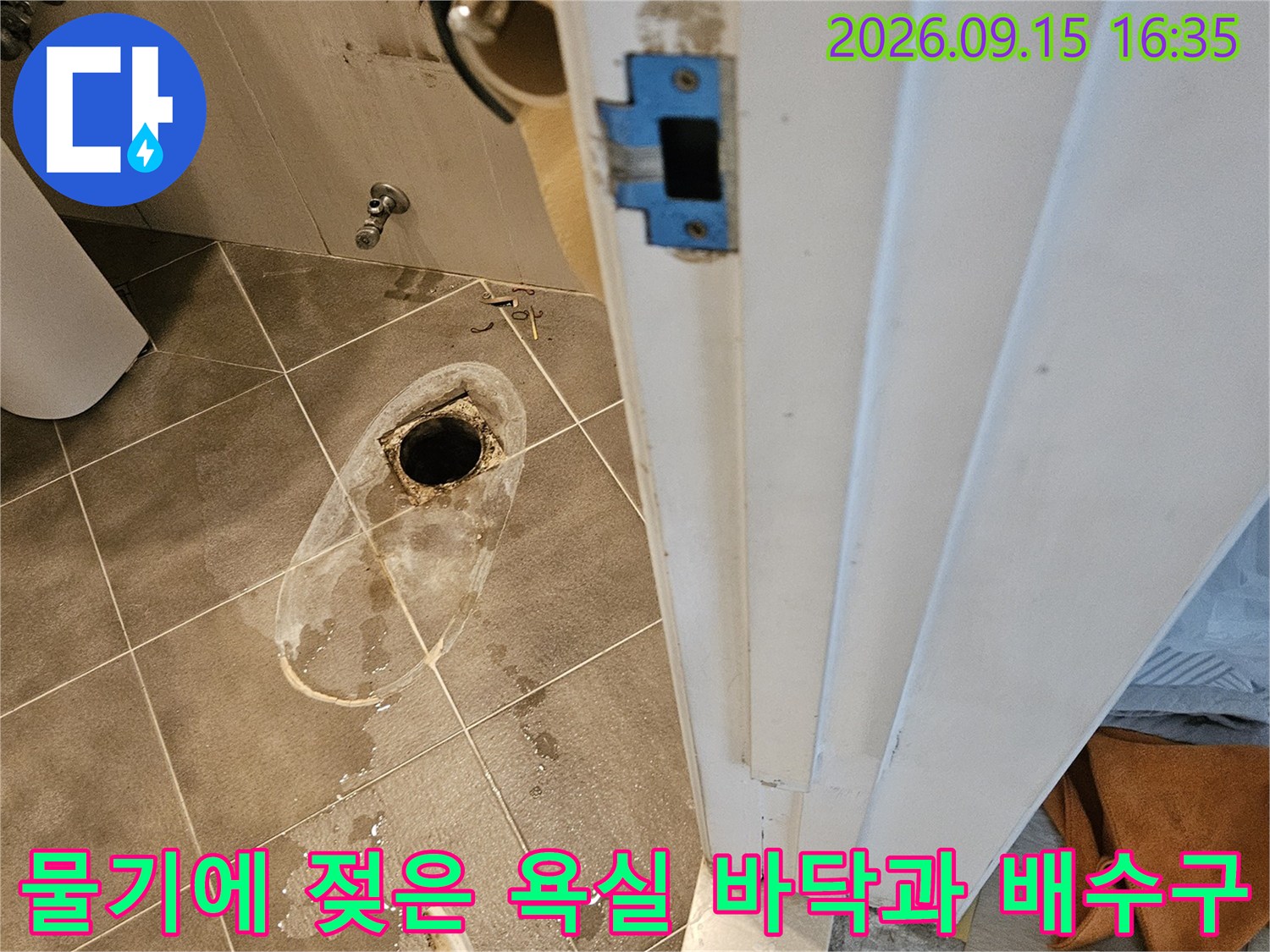 배수구 주변의 습기와 타일 오염 상태 기록