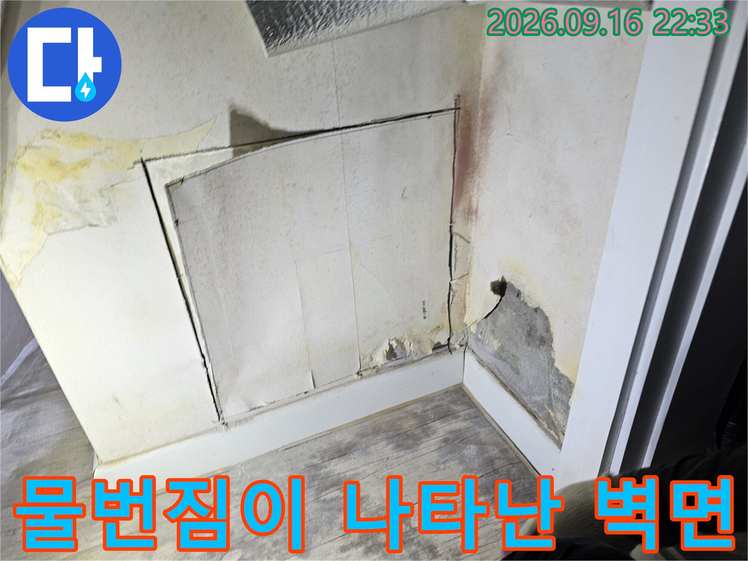 벽면에 발생한 물번짐 현상과 누렇게 변색된 벽지 부위