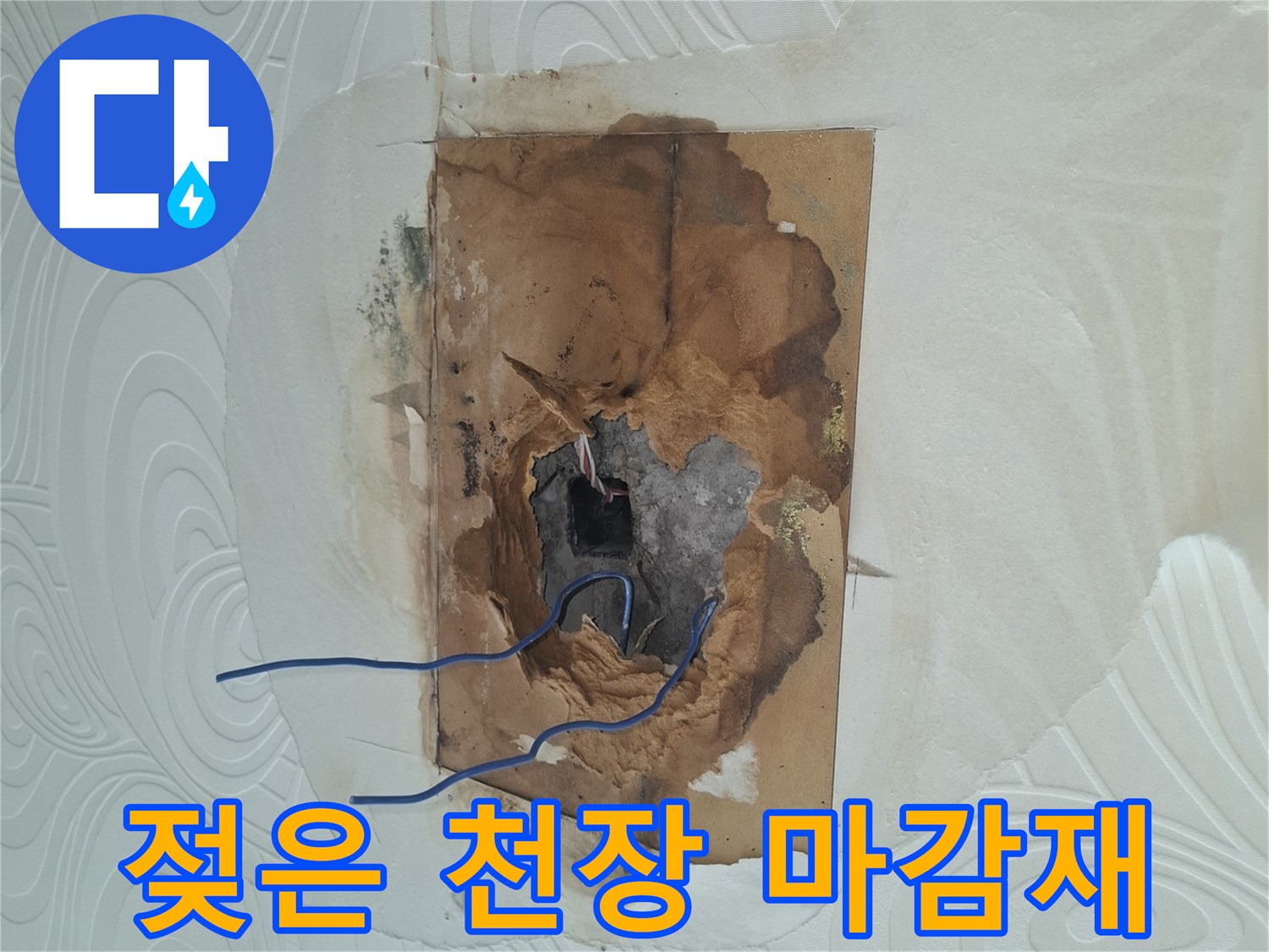 천장 구멍 안쪽의 젖어있는 나무 판재와 전기선 노출 상태
