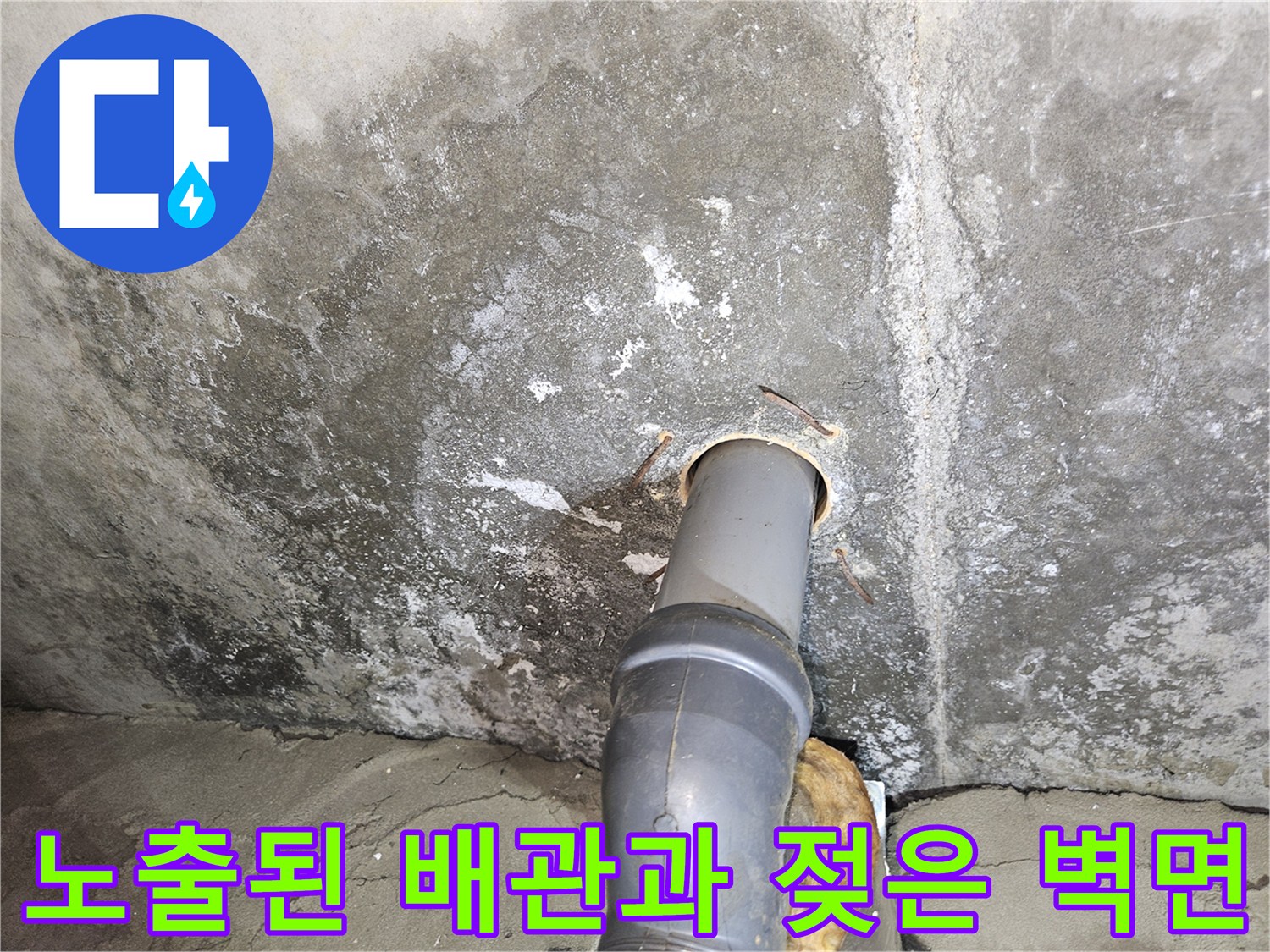 배관 노출 부위와 주변의 습윤한 콘크리트 상태