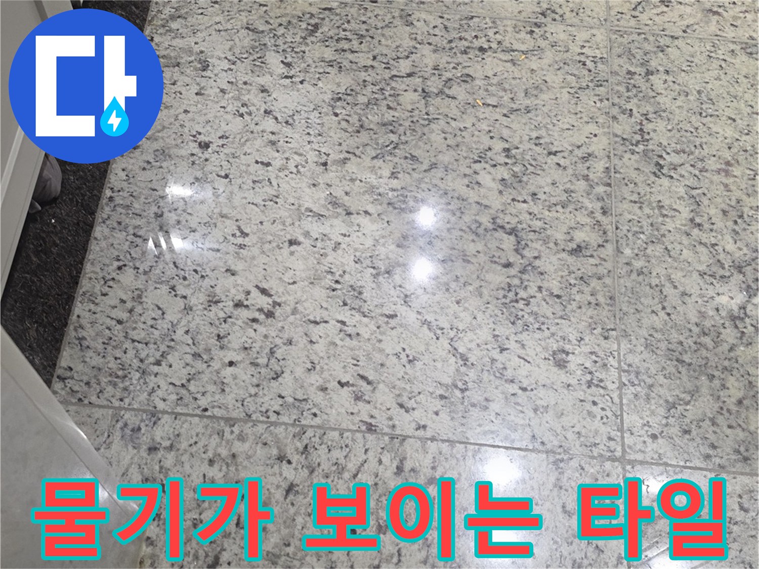 습기로 번들거리는 현관 대리석-누수 점검 중인 모습